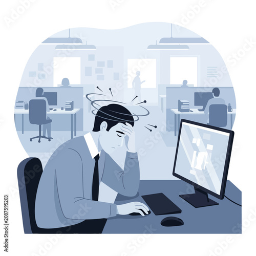 Overworked Employee Feeling Dizzy At Desk In Office