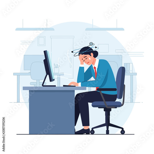 Overworked Employee Feeling Drained Sitting At Desk With Computer