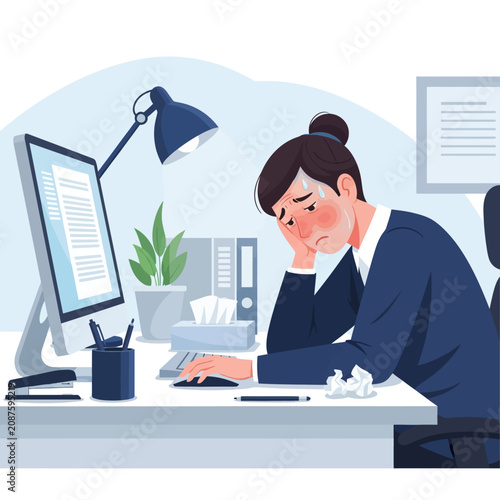 Overworked Employee Experiencing Burnout Stressed at Desk