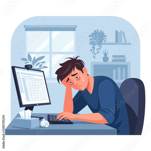Overworked Employee Feeling Exhausted At His Desk Late At Night