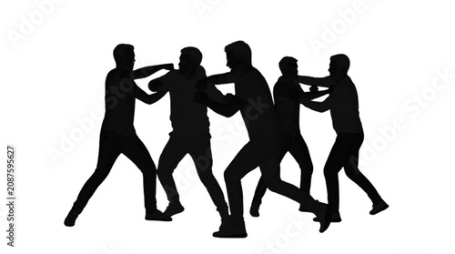 Silhouette of five people fighting or dancing together in a group