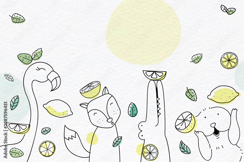 Fototapeta premium Cute animal illustrations with lemons and leaves on a textured background.
