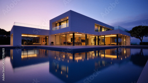 Foto Luxurious modern villa with infinity pool reflecting evening lights real estate