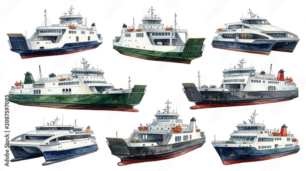 Obraz premium Watercolor illustration set of passenger ferry boats and catamarans isolated on white background