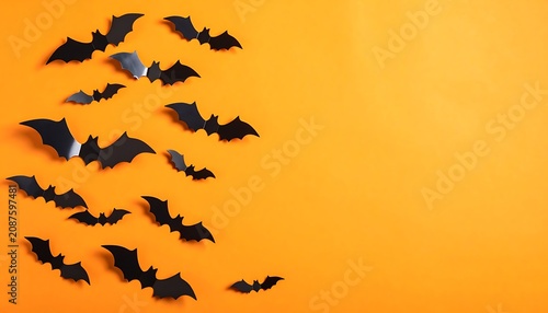 A swarm of black paper bats flying across a vibrant orange background, creating a spooky Halloween atmosphere, perfect for holiday decorations and invitations