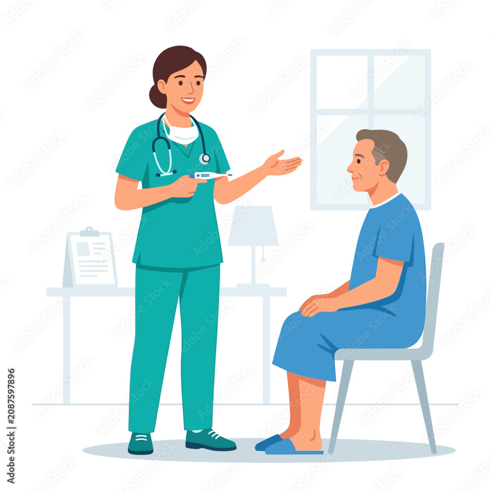 Obraz premium Nurse Checks Patient Temperature In Medical Examination Room