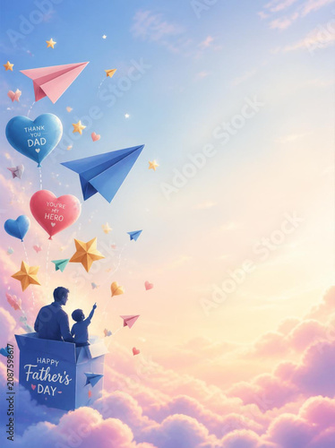 Heartwarming Father's Day Illustration with Balloons and Paper Airplanes in Dreamy Sky Setting