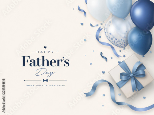 Elegant Father's Day Celebration Card with Blue Balloons, Gift Box, and Ribbon for Heartfelt Gratitude and Appreciation