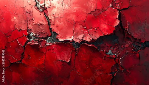 Abstract cracked deep red texture with black crevices and granular highlights, detailed surface fracture, energetic chaos