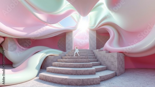 Surreal scene. Person stands atop stairs, bathed in bright light. Flowing pink, teal structures create dreamlike space. Minimalist design.