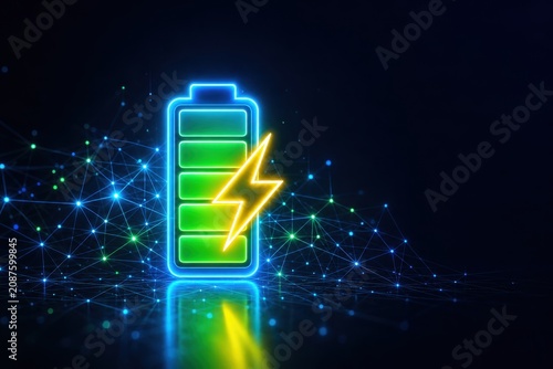 Dynamic Neon Battery Powering Up within a Futuristic Digital Network, Symbolizing Energy Efficiency