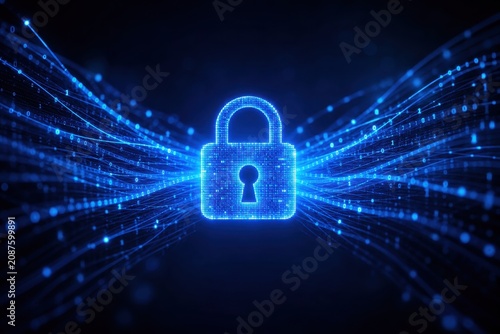 Digital security padlock with flowing binary data lines, representing internet privacy and cyber protection.