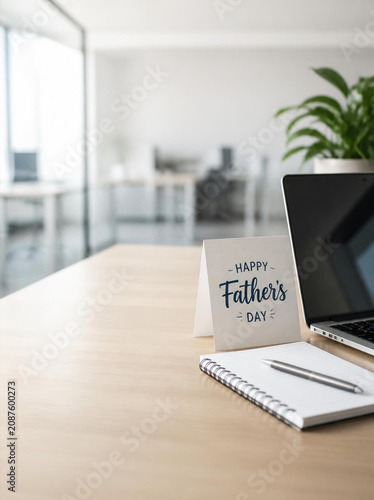 Modern Office Desk with Father's Day Card, Laptop, and Notepad for Workplace Appreciation and Business Greetings
