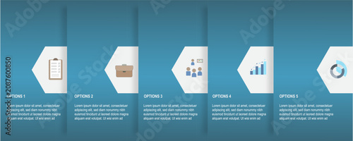 Modern 5-step infographic template with hexagon panels, business icons, and clean vertical layout. Perfect for workflow visualization, strategic planning, project presentations, and process documentat