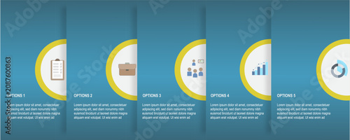 Modern 5-step infographic template with vertical panels, circular business icons, and clean layout. Ideal for workflow visualization, presentations, project planning, business strategies, and process 