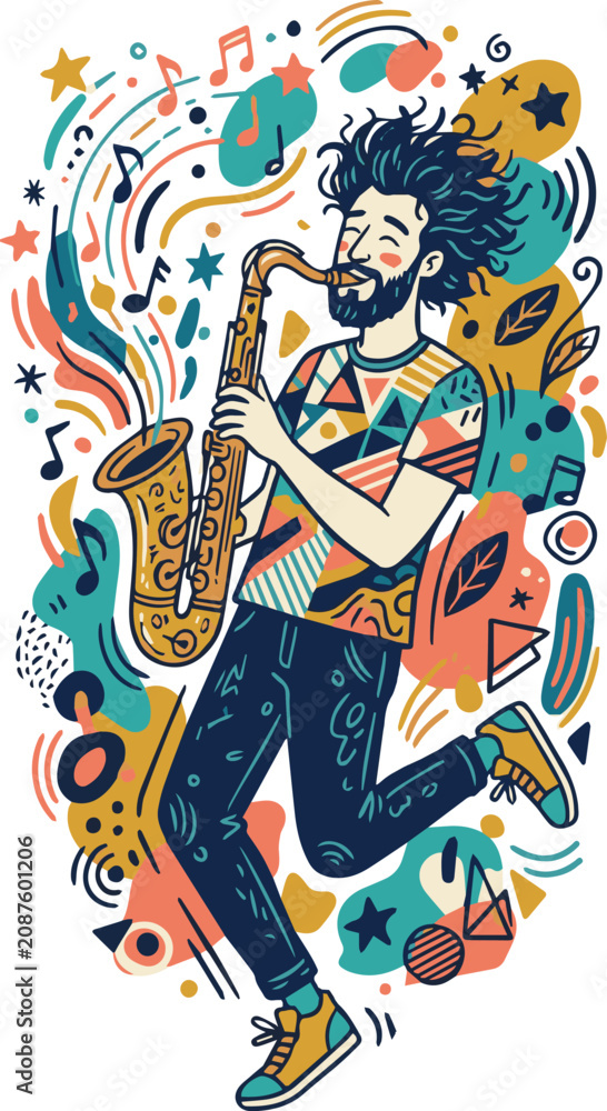 Obraz premium Stylized contemporary doodle featuring a male musician performing on a saxophone with playful abstract decorative shapes