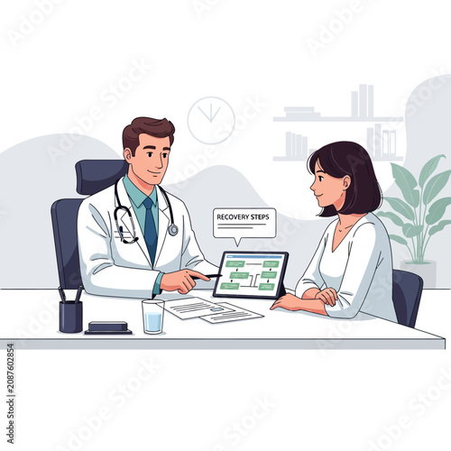 Medical Consultation Patient Discussion With Doctor Showing Chart On Tablet