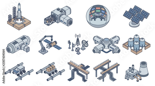 Collection of Isometric Space and Industrial Technology Icons.