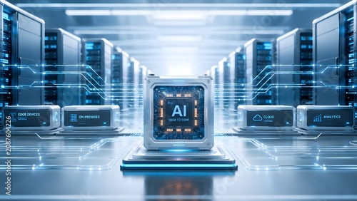 Advanced edge computing infrastructure with central AI processor cloud analytics and connected server racks