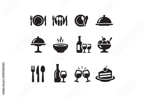 Restaurant and dining icon set featuring silverware plates drinks cake and food service.
