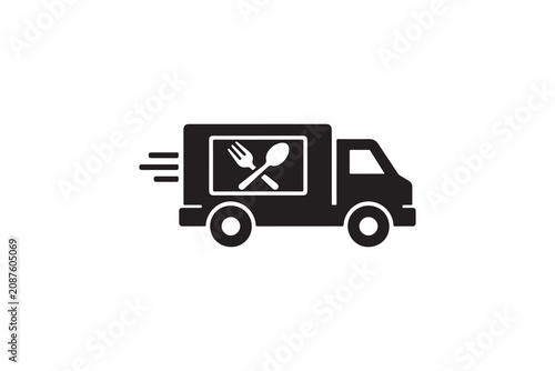 Food delivery truck icon showing fork and spoon symbol for restaurant takeaway service.