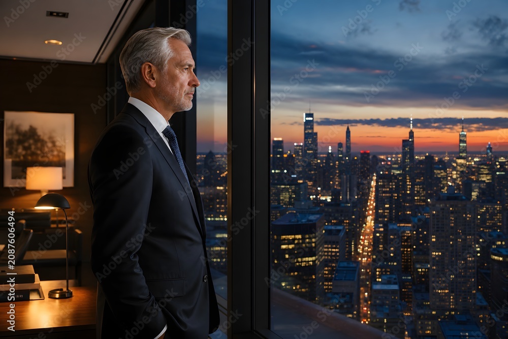 Fototapeta premium Senior Business Executive Looking Out Office Window at City Skyline During Sunset