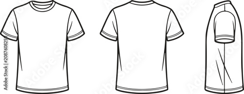 Photos Set of plain T‑shirt outline illustrations showing front, back, and side views f