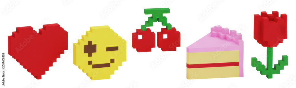 Fototapeta premium Vibrant 3D voxel icons: red heart, yellow winking face, red cherries, pink frosted cake, and red tulip, on white with soft shadows, capturing playful digital nostalgia