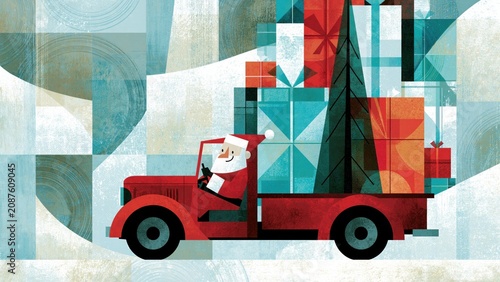 Abstract geometric santa driving red truck containing massive gift boxes.