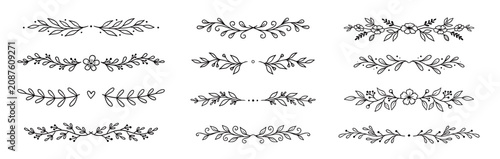 Floral ornament line border set. Hand drawn line doodle style floral divider elements. Flower, vine leaf ornament border frame text vintage flourish decoration. Vector illustration