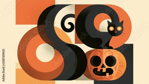 Abstract geometric black cat perched atop orange pumpkin face shapes.