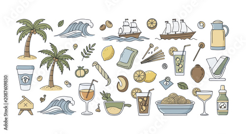 Bild auf Leinwand Tropical beach vacation and refreshing drinks collection.