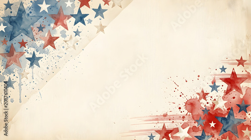 Watercolor star clusters in red and blue occupy the corners of a weathered paper background to offer a rustic aesthetic for celebratory event invitations.