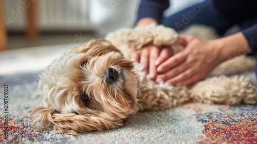 A dog enjoys gentle petting on a cozy rug.