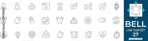 Photos bell line icon set featuring notification, alert, reminder, alarm clock, and incoming message signals