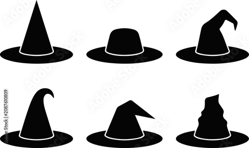 Bild auf Leinwand Set of different witch hats stock illustration, Variety of black silhouette witc