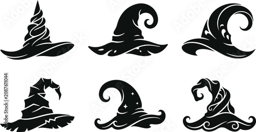 Set of different witch hats stock illustration, Six unique black witch hat silhouettes on a white background for Halloween or magic designs