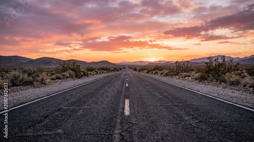 Long empty asphalt highway stretching through a desert landscape at sunset