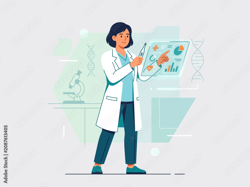 Fototapeta premium Innovative Scientist Analyzing Futuristic Data On Transparent Screen
