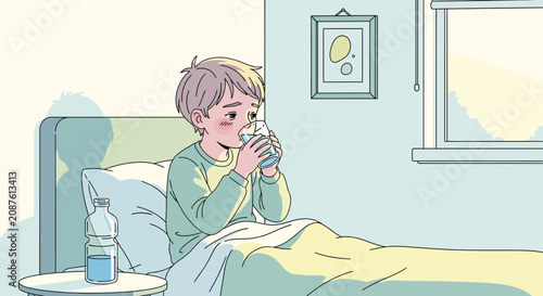 Illustration Of A Sick Child Drinking Water In Bed With A Gentle Morning Light