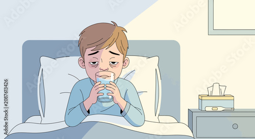 Illustration Of A Sick Child Drinking Water In Bed With A Thermometer Nearby