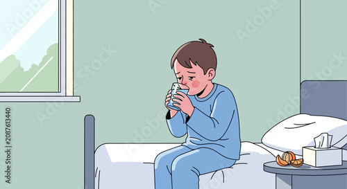 Illustration Of A Sick Child Drinking Water On A Bedside Table With Tissues