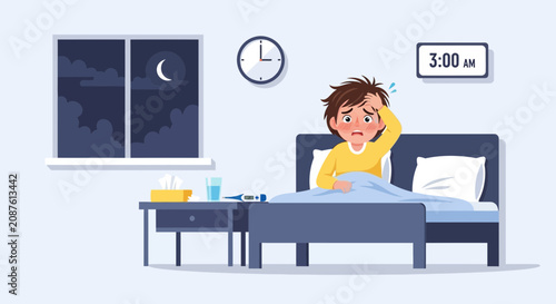 Illustration Of A Sick Child In Bed at Night Experiencing A High Temperature
