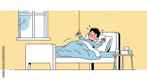 Illustration Of A Sick Child In Bed Depicting Sickness, Illness, And Fever