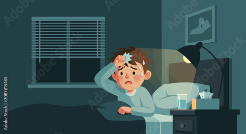 Illustration Of A Sick Child In Bed At Night Suffering With A High Fever