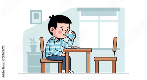 Illustration Of A Sick Child Drinking Water While Sitting At The Table In The Home