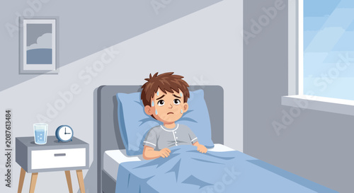 Illustration Of A Sick Child In Bed Feeling Ill And Suffering From Fever In The Bedroom Setting