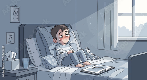 Illustration Of A Sick Child In Bed Feeling Ill, Resting With A Thermometer