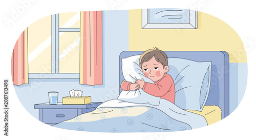 Illustration Of A Sick Child In Bed Feeling Under The Weather Feeling Poorly