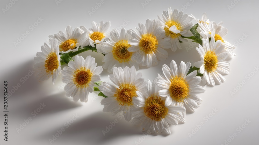 Obraz premium Beautiful Heart-Shaped Arrangement of Fresh White Daisies with Yellow Centers on Soft Background